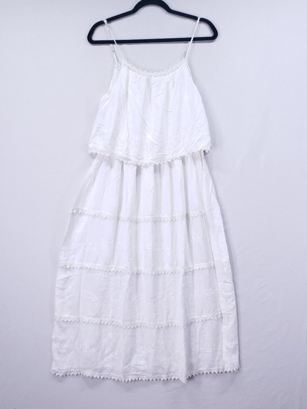 Venice Blue Tiered Midi Dress One Size White Embroidery Beachy Boho Cottagecore